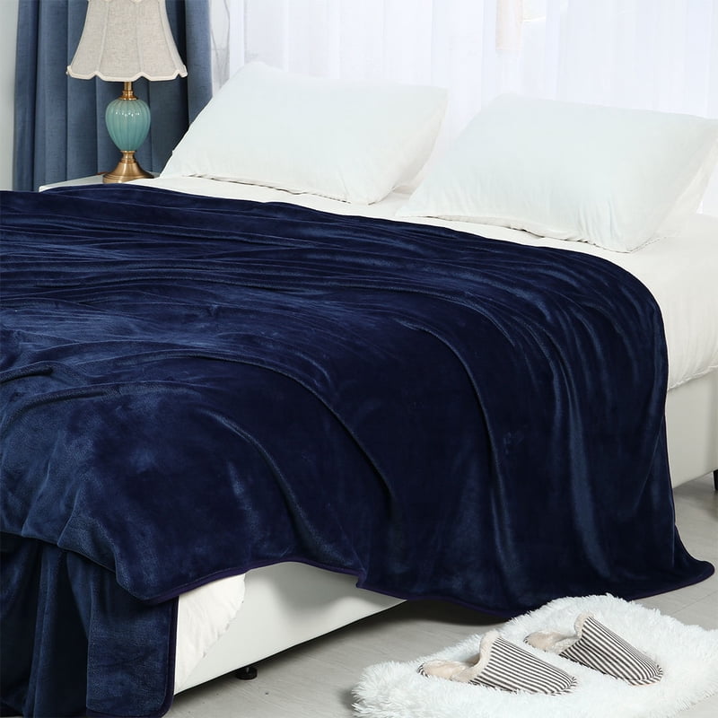 Twin XL Flannel Fleece Blanket - Soft Luxury Hemmed Navy Blue