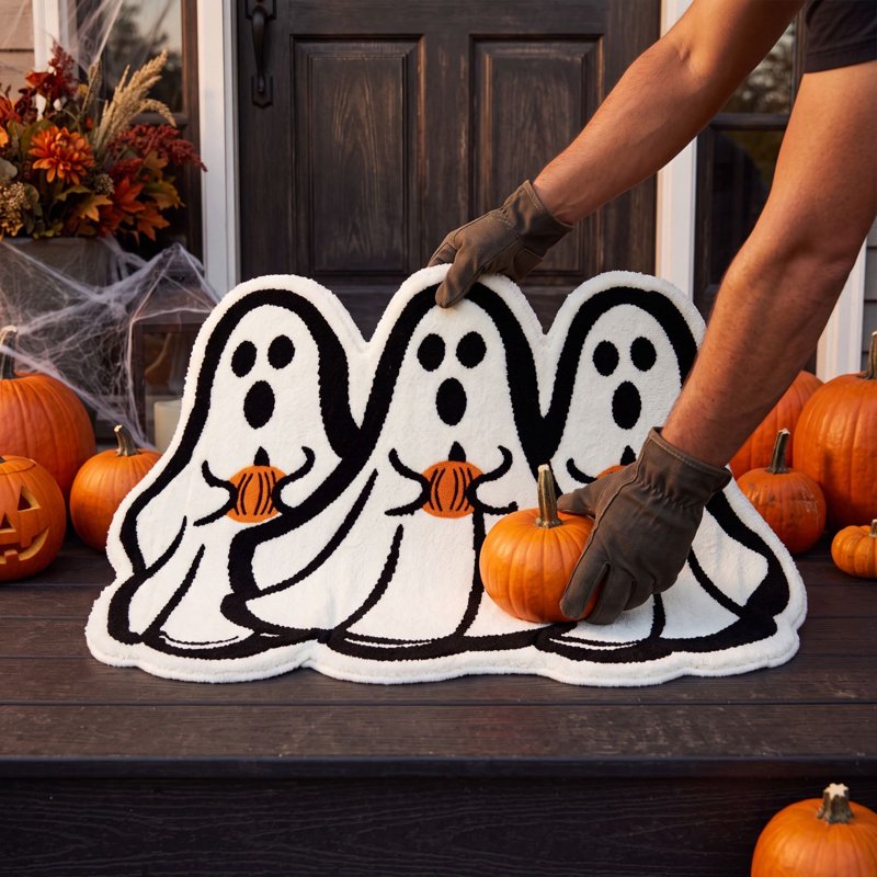 Halloween Ghost Pumpkin Doormat - Ghost Holding Pumpkin Floor Mat with Grip-Enhanced Absorbent Surface - Variation of THIS listing 34_Printed Ghost Doormat_AH