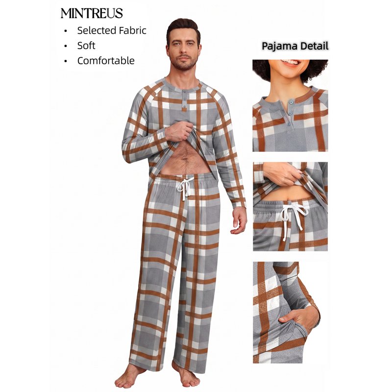 Gray White Plaid Couple Pajama Set for Men and Women - M Size