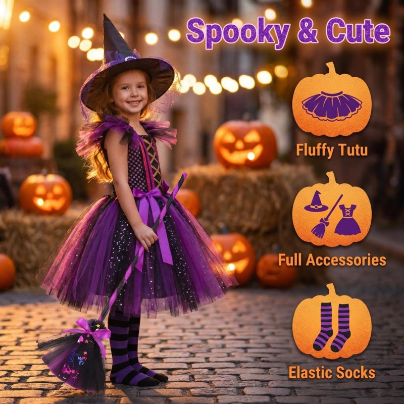 Girls Halloween Witch Costume Dress with Accessories - Purple, 3-4 Years