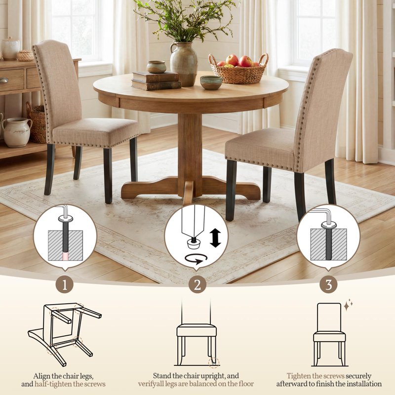 High Back Dining Chair Set of 2 with Solid Wood Legs - Khaki