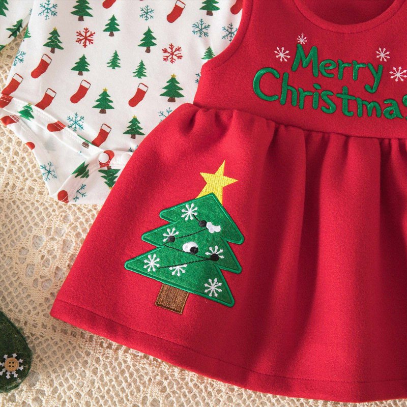 Baby Girl First Christmas Outfit Set - White Ruffle Romper & Suspender Dress 9-12 Months