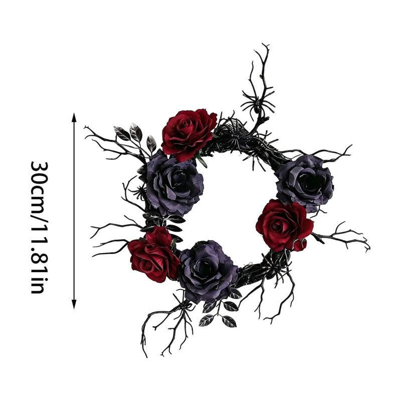 Halloween Wreath with Red Roses - 12 Inch Gothic Fall Door Decor, Bats & Skulls
