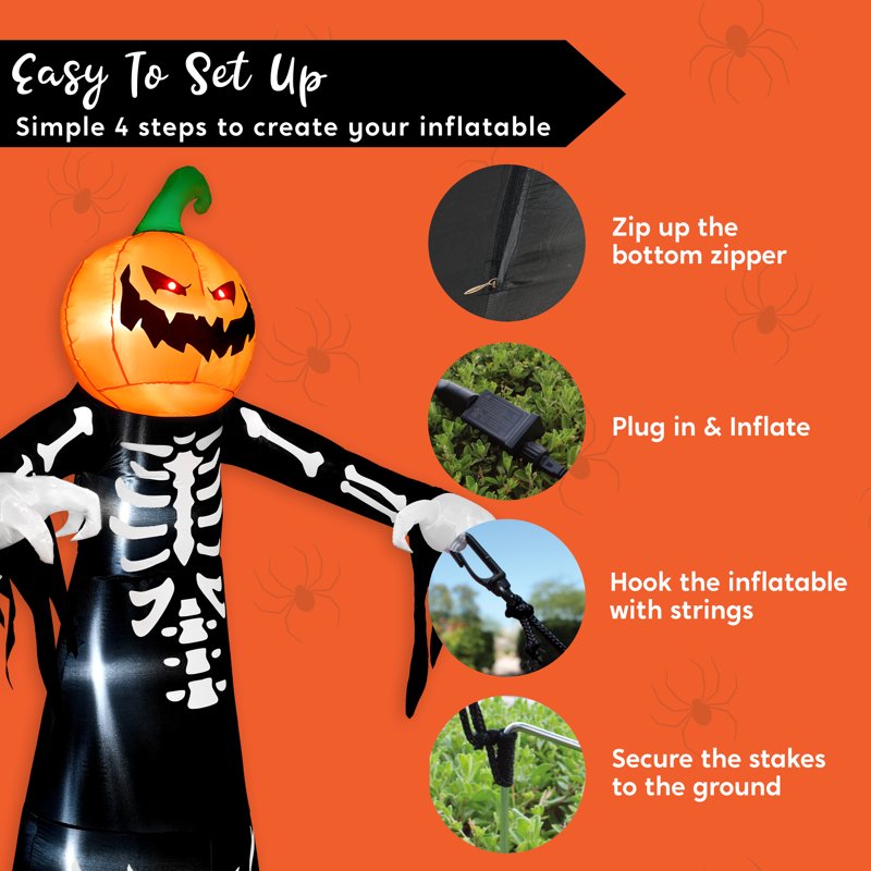 Halloween Inflatable Pumpkin Skeleton Decoration with LED Lights - 9 ft