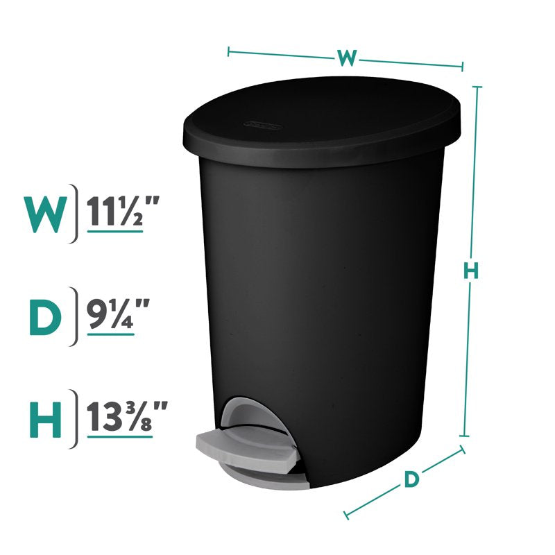 Small Bathroom Trash Can - 2.6 Gallon Plastic Bin with Step Lid - Black