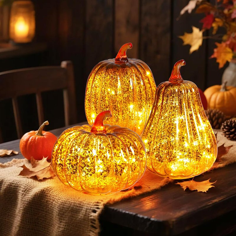 Mercury Glass Pumpkin Lights with Timer - Fall Harvest Decor, C#2, 1 Piece