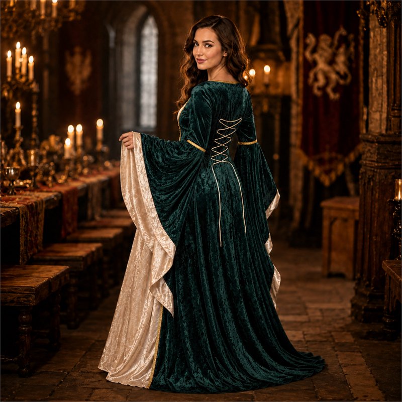 Women Gothic Witch Costume Dress - Halloween Renaissance Medieval Velvet L - White