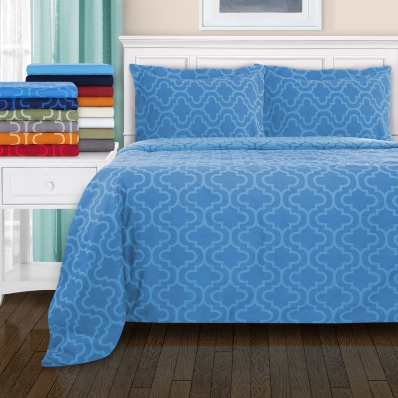 King Burgundy Cotton Flannel Duvet Cover Set - Reversible Trellis Pattern
