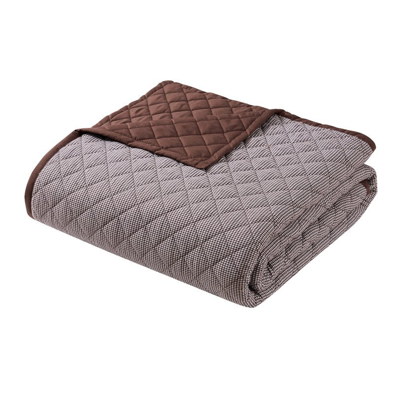 Twin-XL Cotton Houndstooth Quilt Set - Brown & Ivory 2-Piece Bedding
