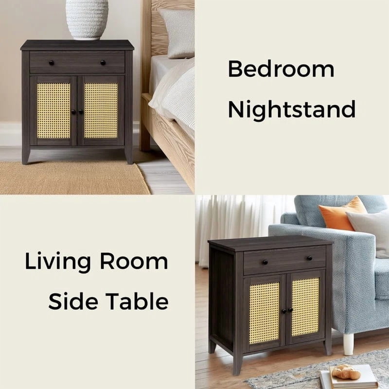 Rattan End Table & Storage Cabinet with Drawer - Walnut