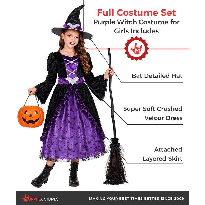 Kids Witch Costume Hat - Morph Deluxe Girls Purple & Black Fancy Dress M