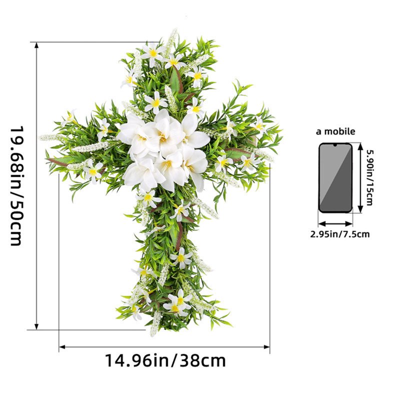Easter Front Door Wreath Cross - Rustic Farmhouse 19.7 Inch Easter Decoration - Variation D