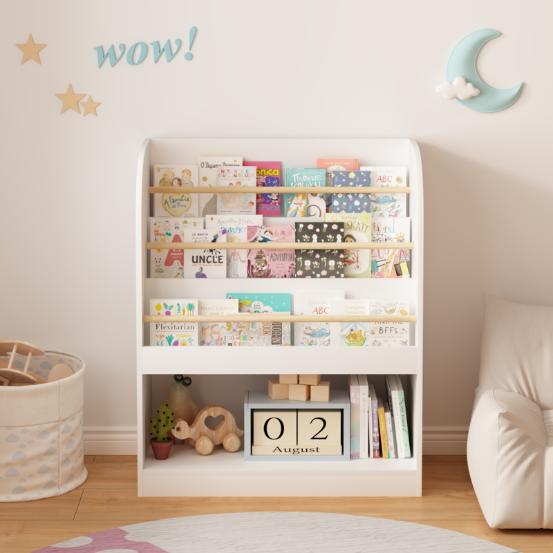 3-Tier Wooden Front-Facing Kids Bookshelf with Storage
