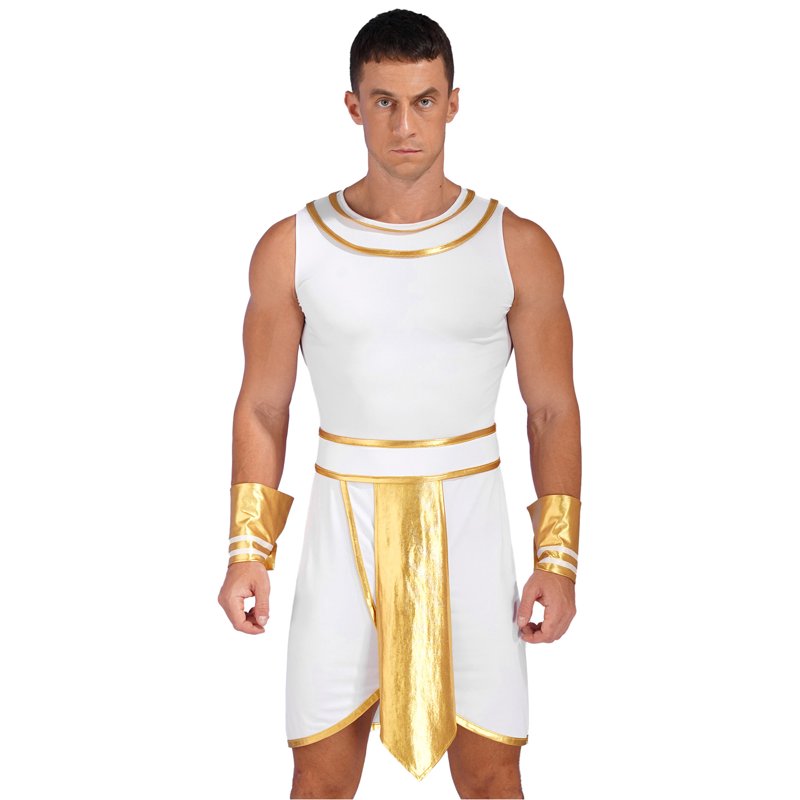 White Egyptian King Pharaoh Costume Dress Set with Cuffs & Snake Hat - M