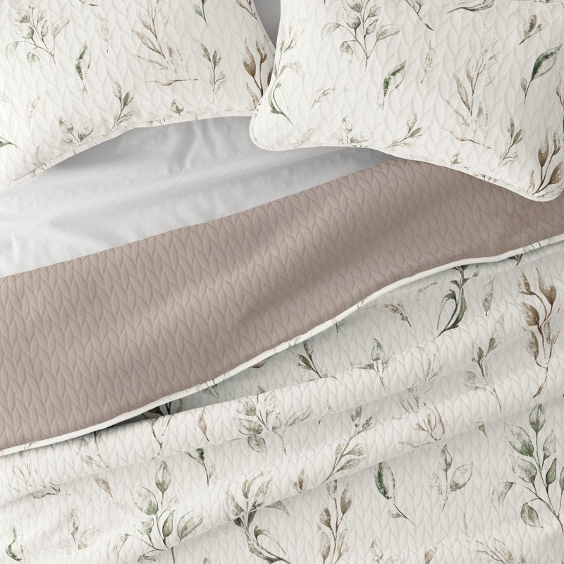 Full/Queen Reversible Watercolor Leaves & Stripe Microfiber Quilt Set - Latte