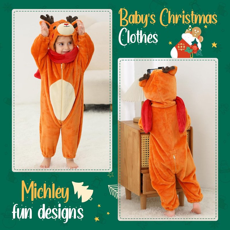 Baby Animal Costume Romper Unisex Winter Flannel Hoodie - Deer, 0-6 Months