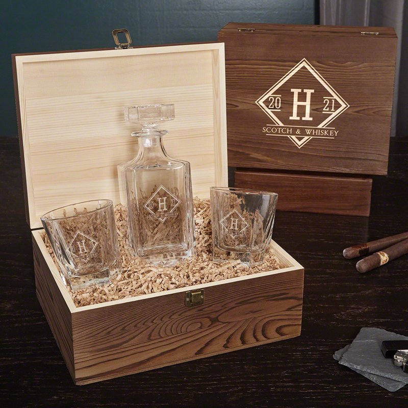 Engraved Whiskey Decanter Set with Glasses and Gift Box