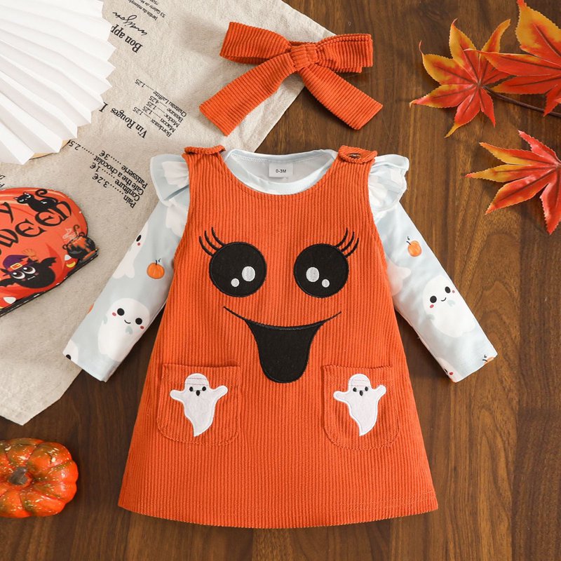 Halloween Baby Girl Outfit A13-Orange Ruffle Romper & Overalls Set - 0-3 Months