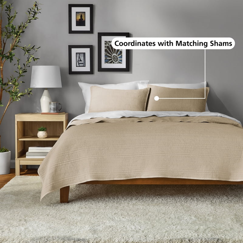 King Mainstays Garment Washed Stripe Quilt - Beige Microfiber Bedding