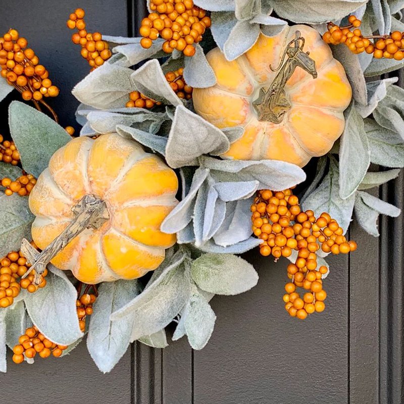 Autumn Pumpkin Wreath for Front Door Fall Decor - 18 Inch Farmhouse Wreath with Bows and Berries - Variation C