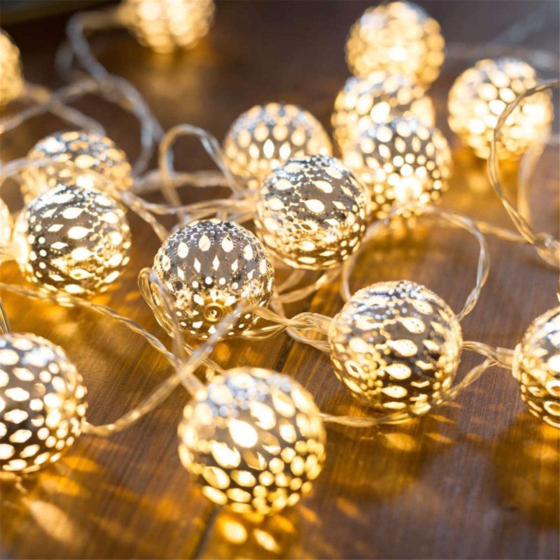 Moroccan Hollow Metal Ball LED String Lights - Warm White Fairy Globe Decor for Indoor Outdoor Home and Party