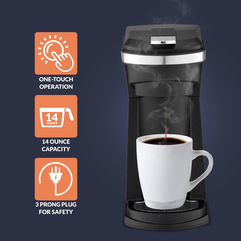 Single-Serve Coffee Maker with Reusable Pod - 14 oz Capacity, Black