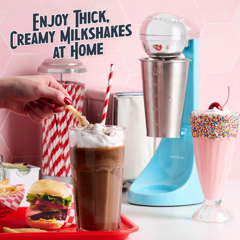 Retro Drink Mixer - 16 oz Milkshake Maker with Stainless Steel Cup - Blue