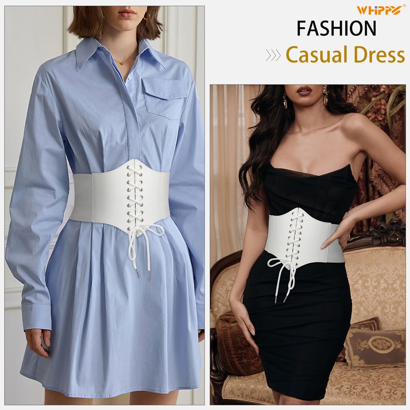 Women Lace-Up Corset Waist Belt - White, Adjustable Leather & Elastic Wide Belt for Dresses