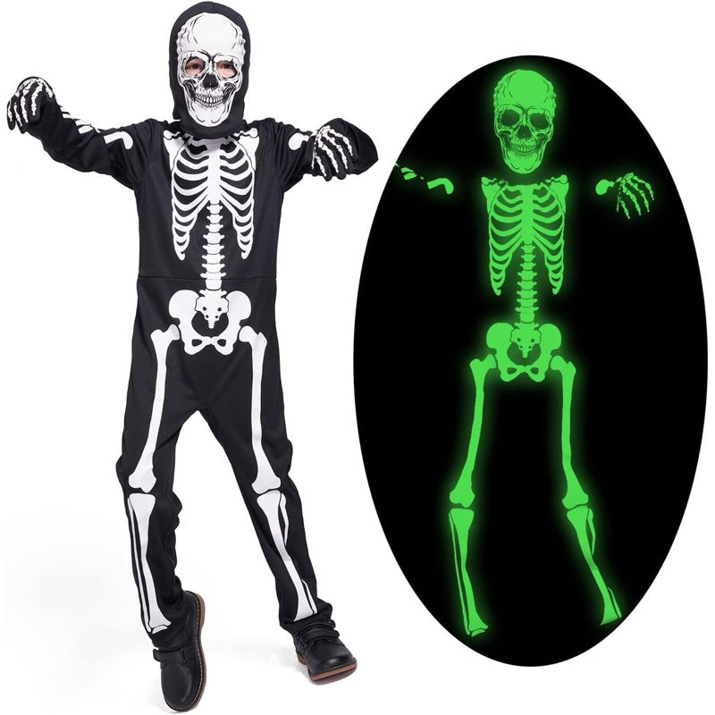 Kids Skeleton Halloween Costume Set - Glow in The Dark Onesie with Mask & Gloves, 4-5 Years