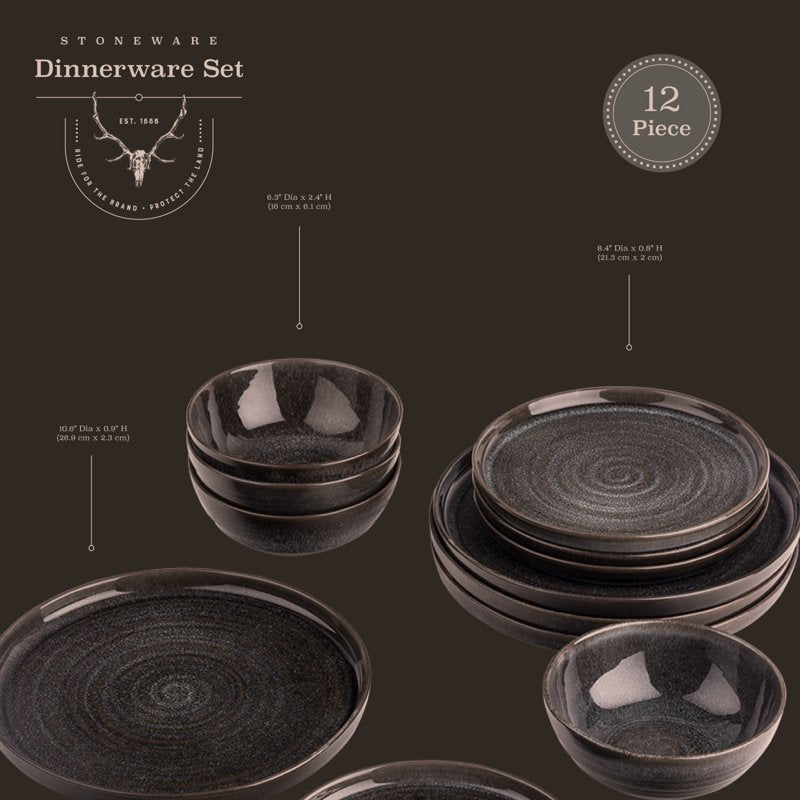 12-Piece Ceramic Dinnerware Set - Green & Brown - Black - Rip