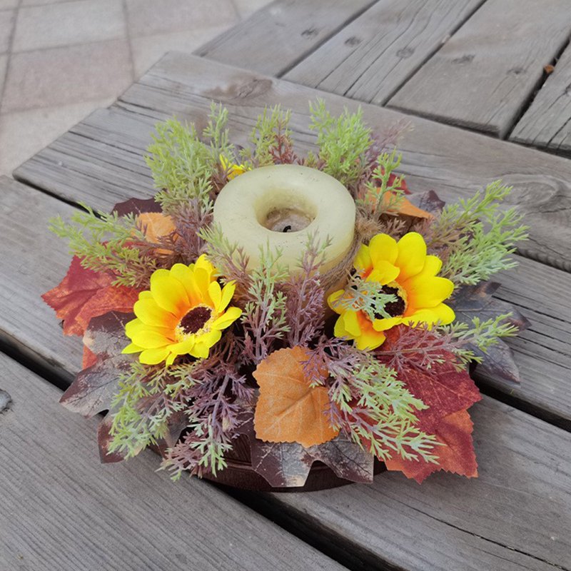Fall Sunflower Candle Ring - Artificial Harvest Floral Mini Wreath for Pillar Candles - Rustic Autumn Home Decor - Variation #6