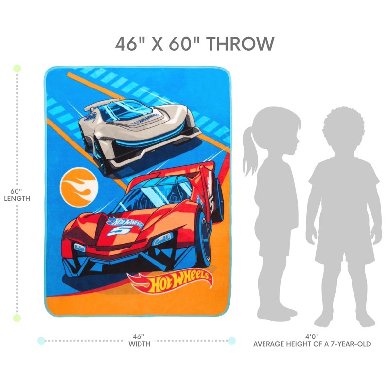 Kids Blue Print Fleece Throw Blanket - Hot Wheels Race Car Design, 46 x 60