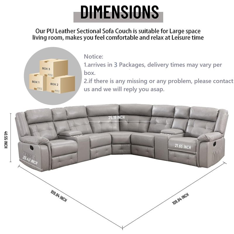 PU Leather Reclining Sectional Sofa Set with 2 Consoles & Storage