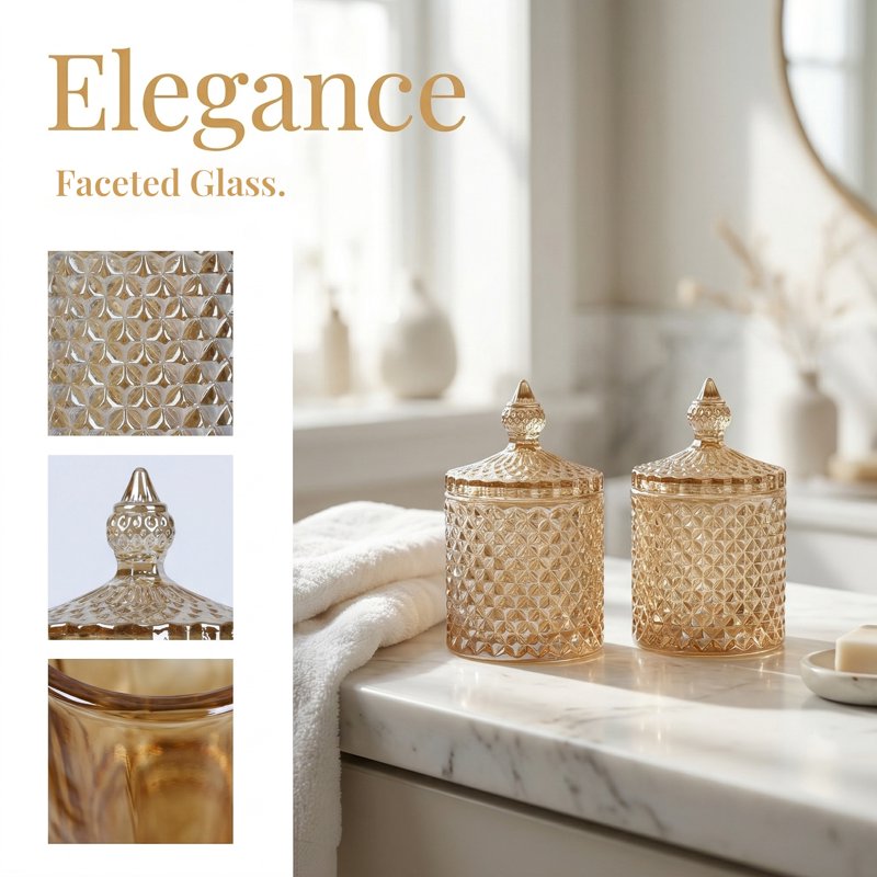 Embossed Glass Decorative Jar with Lid - Gold, 2.8" x 2.8" x 4.3"