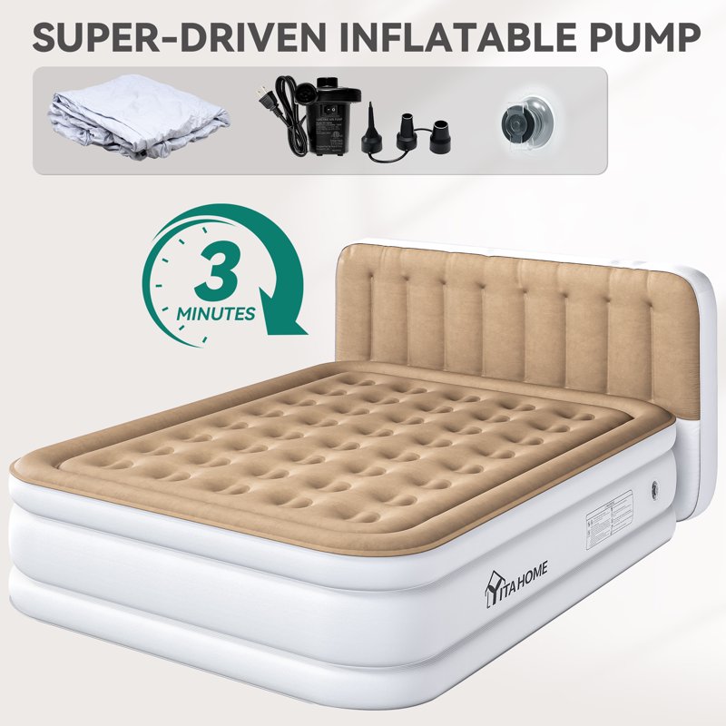 Queen Size Inflatable Air Mattress with Pump & Headboard - Brown Vertical Grain Variation