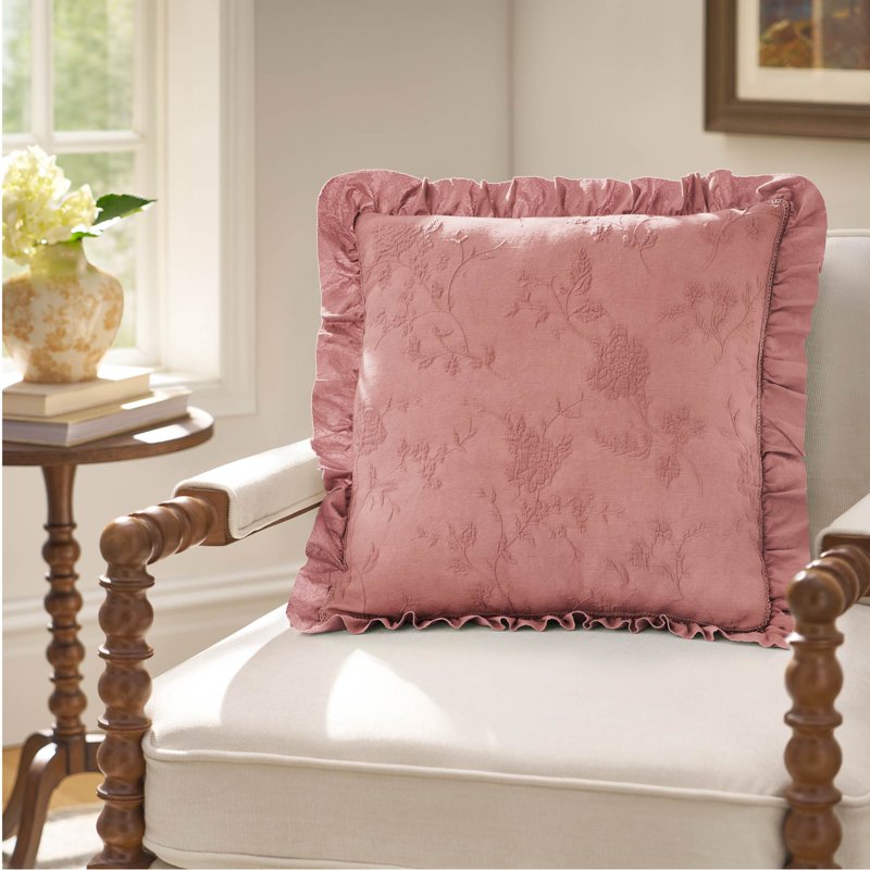 Pink Matelasse Floral Crochet Ruffle Decorative Pillow 20x20 - Heirloom Style