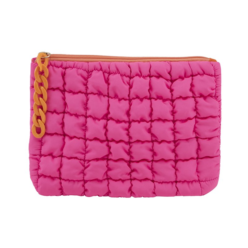 Quilted Puffy Cosmetic Pouch, Bright Pink Nylon Makeup Bag, 9-Inch