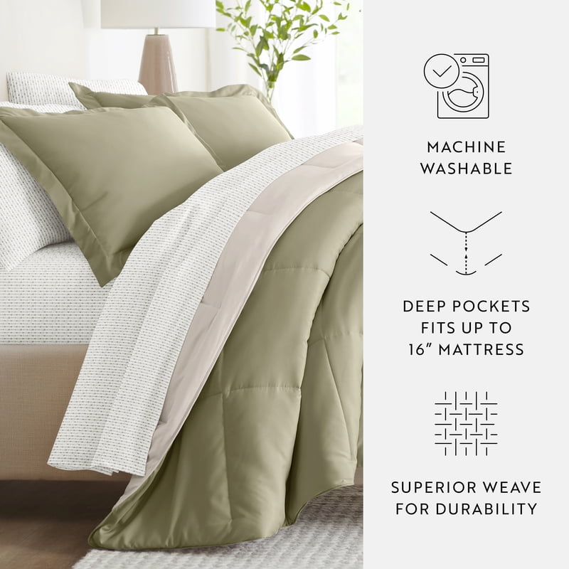 Full Beaded Arrows Sage Ivory Reversible Comforter & Patterned Sheet Set - 7 Piece Bedding Bundle