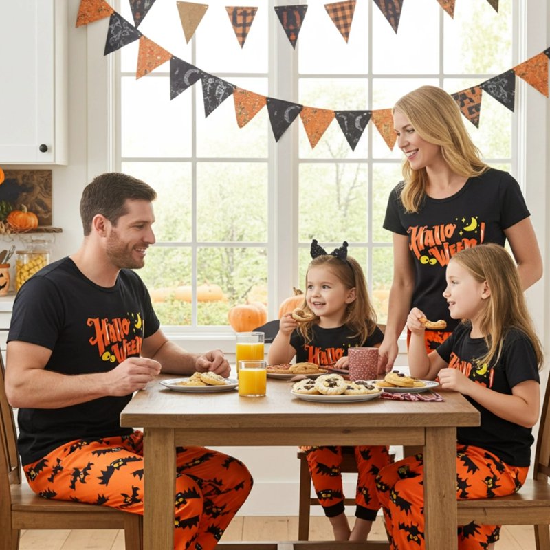 Halloween Kids Pajamas Set Bat & Letter Print Short Sleeve Family Matching Pajamas 8-9Y - Black & Orange