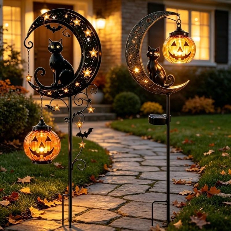 Solar Halloween Garden Stake Light with Black Cat Pumpkin Moon - Waterproof Outdoor Decor - C-1PC