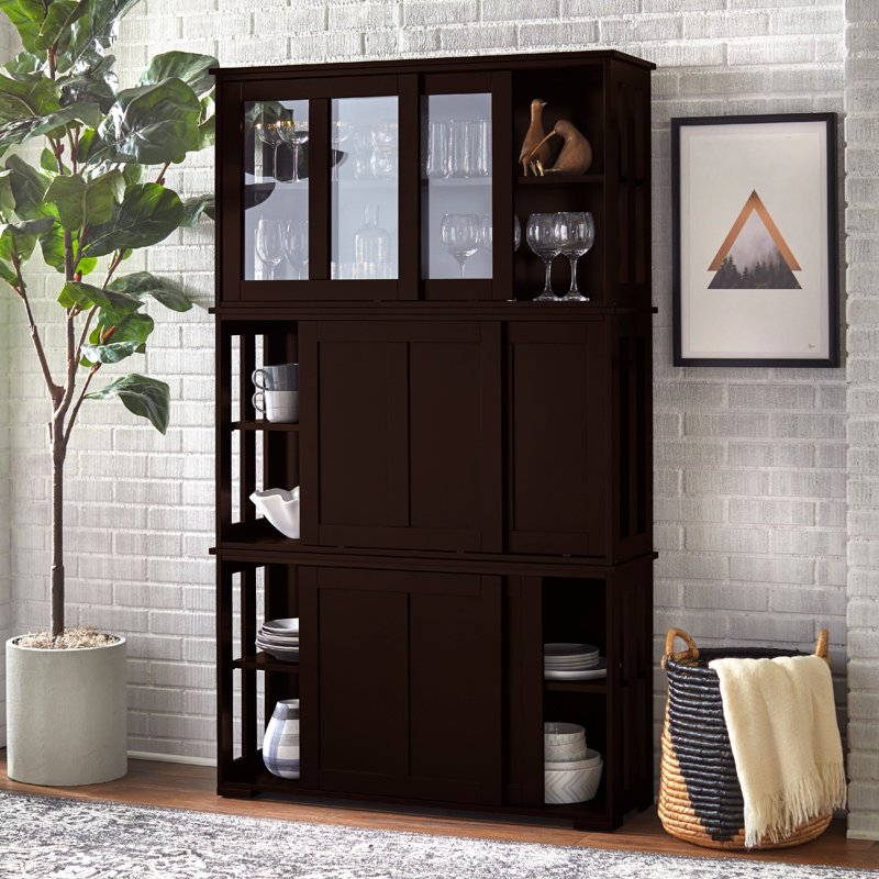 Sliding Wood Doors Stackable Storage Cabinet - Espresso