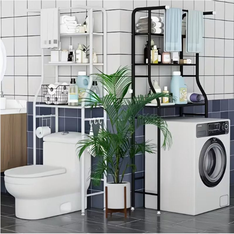 Black 3-Tier Over The Toilet Bathroom Storage Shelf with Hooks & Paper Holder
