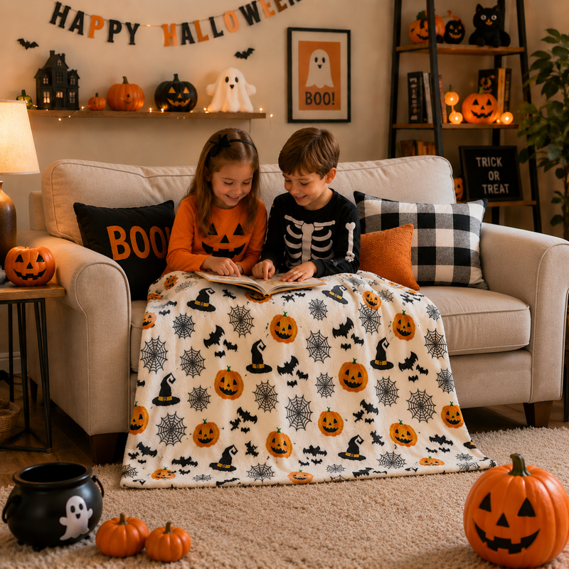 Halloween Throw Blanket - Haunted Plush Velour with Jack O Lanterns & Spiders - Haunted Fun