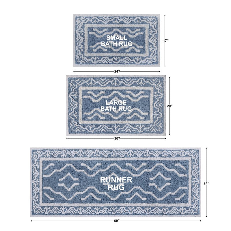 2' x 5' Bath Runner Rug - Blue Silver & White Oushak Style Cotton Mat