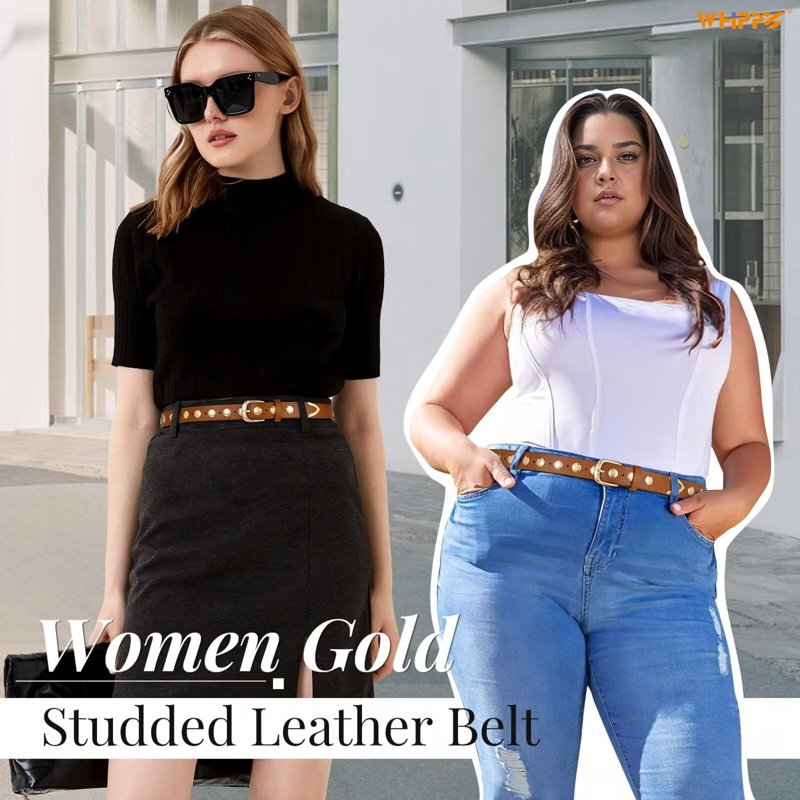Women's Studded Leather Belt for Jeans Dresses - Brown, Fits Waist 32-36"