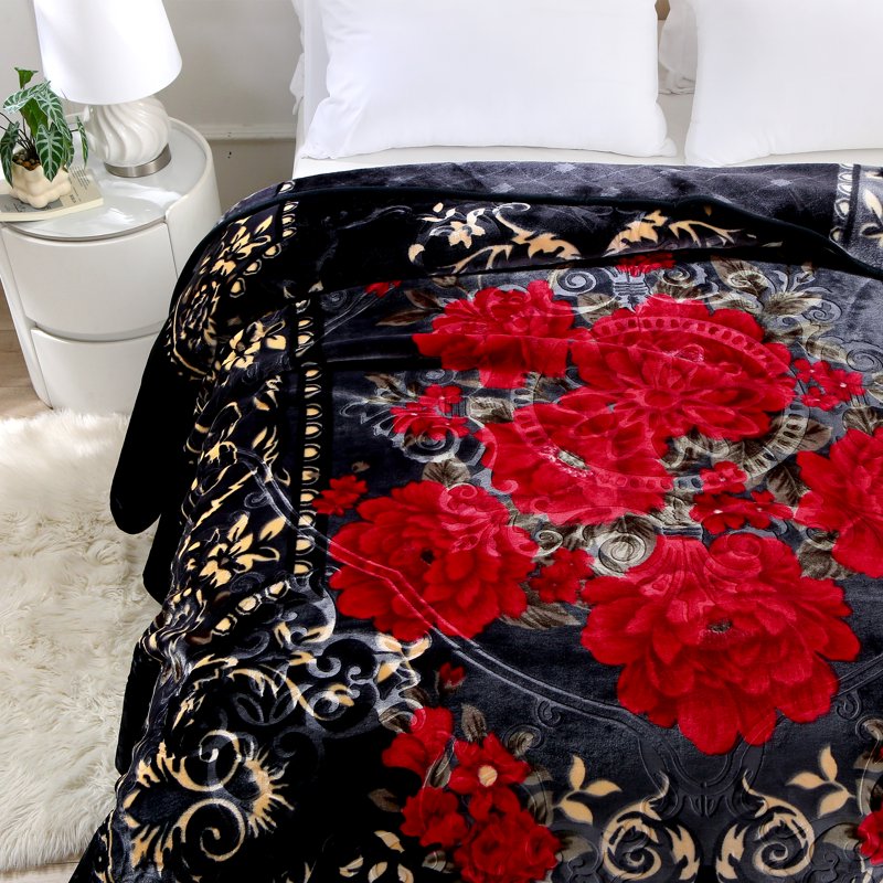 Heavy Thick Fleece Blanket King Size - Black & Burgundy Floral Printed Winter Throw - 85x95, 9lbs, Soft Raschel Plush Bed Cover with Floral Design