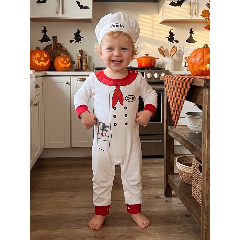 Toddler Baby Chef Costume Set 3-6 Months Long Sleeve Romper & Hat - White