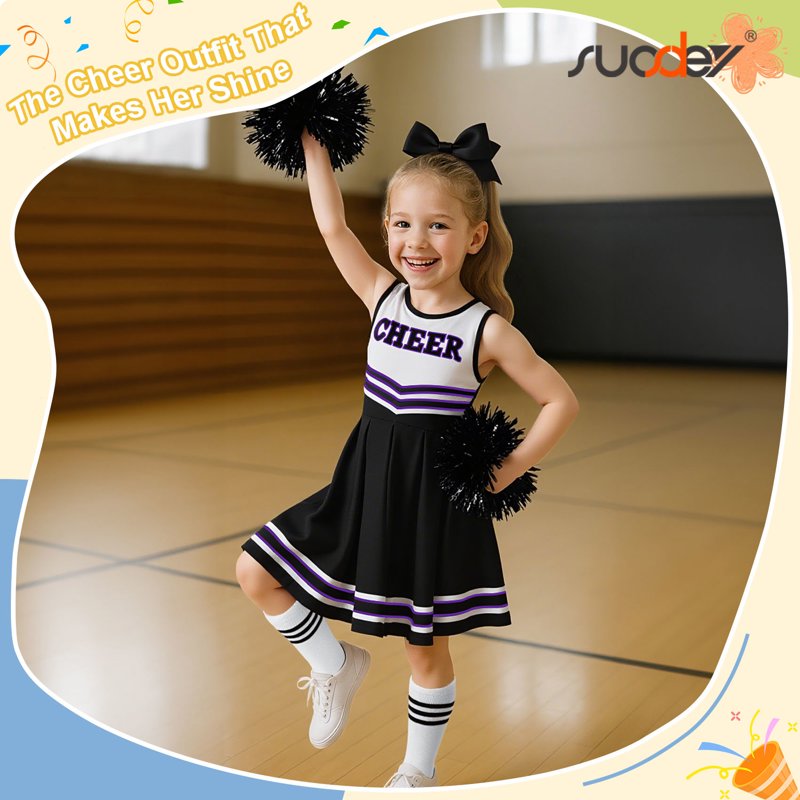 Girls Cheerleader Costume Outfit Set Black 9-10 Years - Party & Halloween
