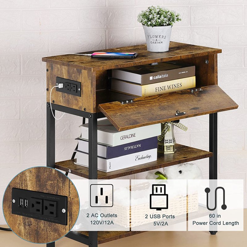 End Table with Charging Station and Drawer - Brown
