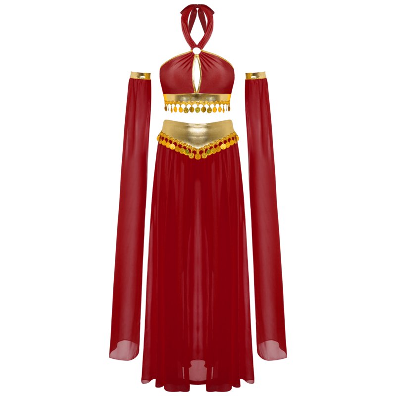Women Belly Dance Costume Set Burgundy M - Chiffon Skirt & Crop Top